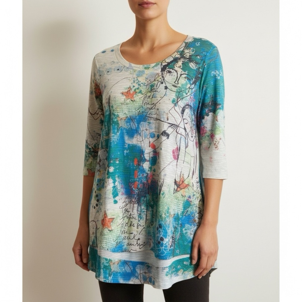 Inoah Women’s Top S Art To Wear Tunic Nautical Multicolored 3/4 Sleeve Lagenlook